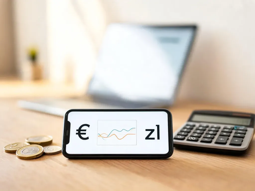 Smartfon z aplikacją przelicznika walut euro–złoty na biurku obok monet i kalkulatora, w tle rozmyte domowe biuro.