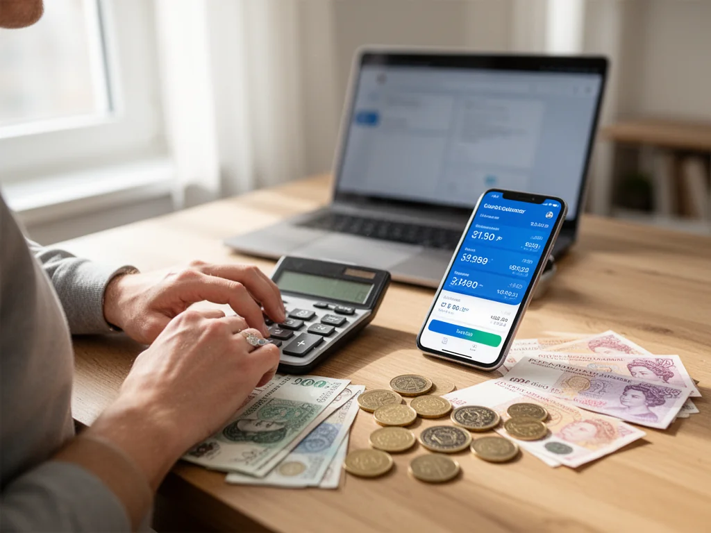 Osoba przy biurku przelicza funty na złotówki na kalkulatorze i smartfonie, obok leżą banknoty i monety.