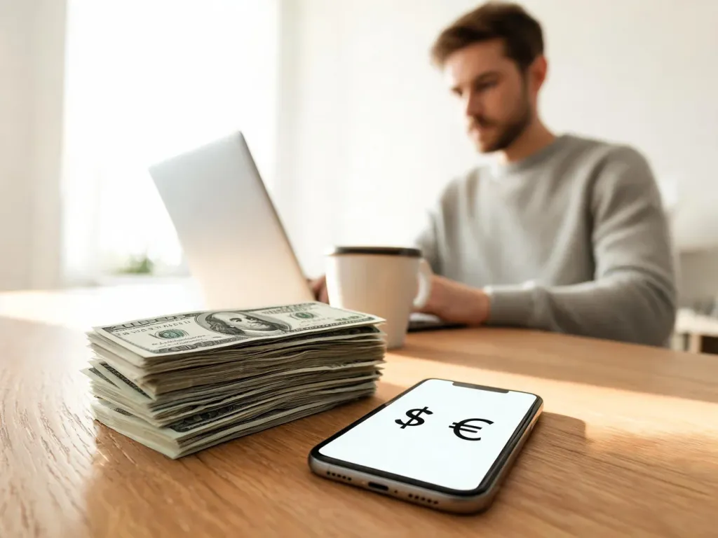 Stos banknotów 100 USD obok smartfona z przelicznikiem walut na biurku, w tle osoba przy laptopie z kawą.