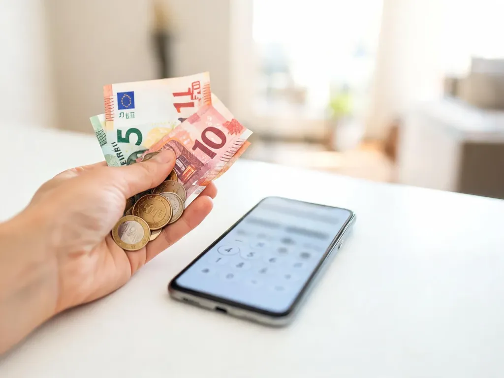 Dłoń trzymająca monety i banknoty euro obok smartfona z kalkulatorem walut, symbol szybkiego przeliczenia 14 euro na złotówki.