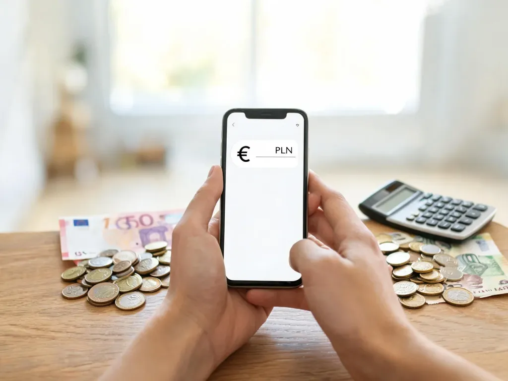 Osoba przelicza euro na złotówki w aplikacji na smartfonie, obok leżą monety, banknoty i kalkulator na biurku.