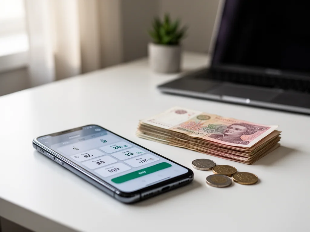 Smartfon z otwartym przelicznikiem walut obok banknotów i monet złotowych, ilustrujący przeliczanie 8 dolarów na złotówki.