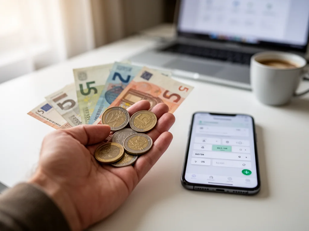Dłoń trzymająca monety i banknoty euro obok smartfona z kalkulatorem walut na biurku w domowym biurze