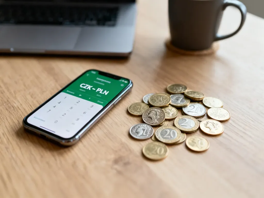 Smartfon z aplikacją przelicznika CZK na PLN na biurku z monetami koron czeskich i złotówek, domowa atmosfera biura.