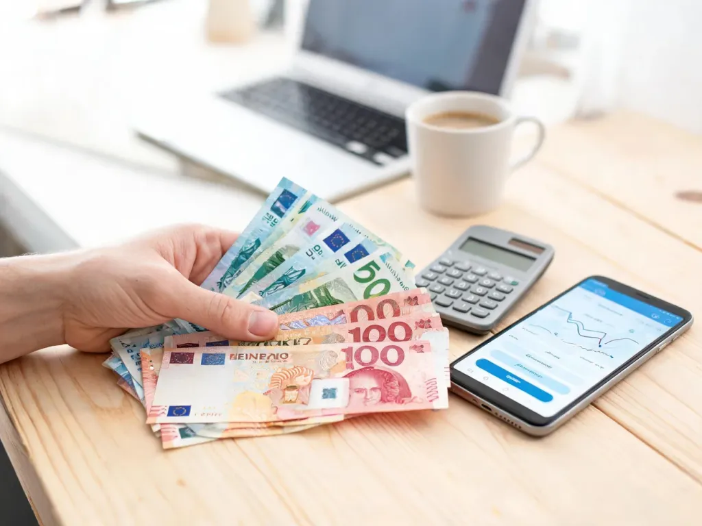 Dłoń trzymająca banknoty euro i złotówki obok kalkulatora i aplikacji walutowej, ilustrująca szybkie przeliczanie 140 euro