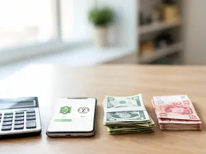 Smartfon z aplikacją przelicznika walut USD/PLN obok banknotów dolarowych i polskich monet na biurku