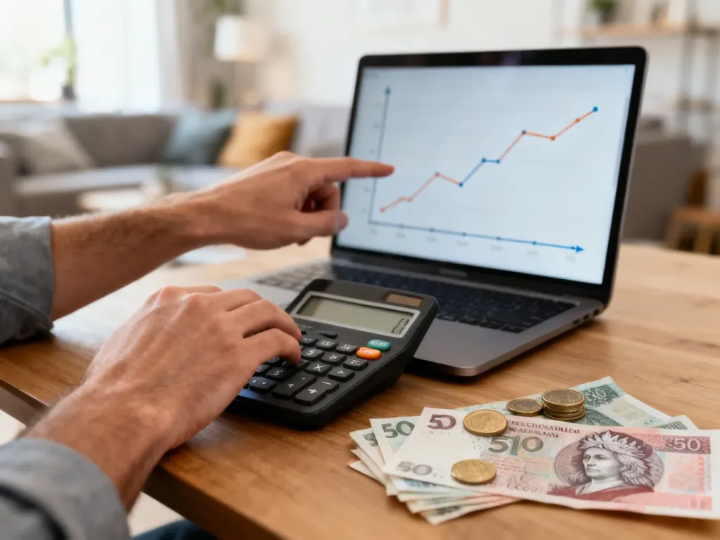 Dłonie obsługujące kalkulator i laptopa z wykresem walutowym oraz monety euro i banknoty złotówki na biurku.