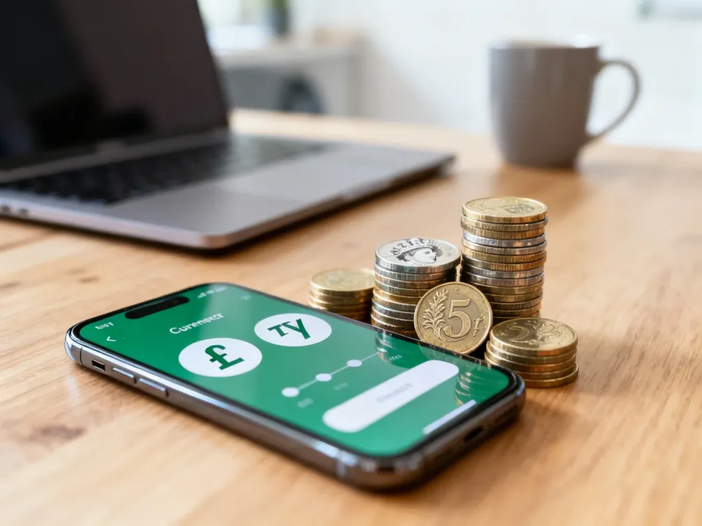 Smartfon z aplikacją do przeliczania walut oraz stosy monet funtów i złotówek na biurku w domowym biurze.