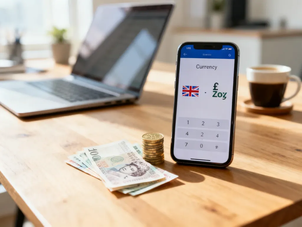 Smartfon z przelicznikiem funtów na złotówki obok monet i banknotów, na biurku w nowoczesnym domowym biurze