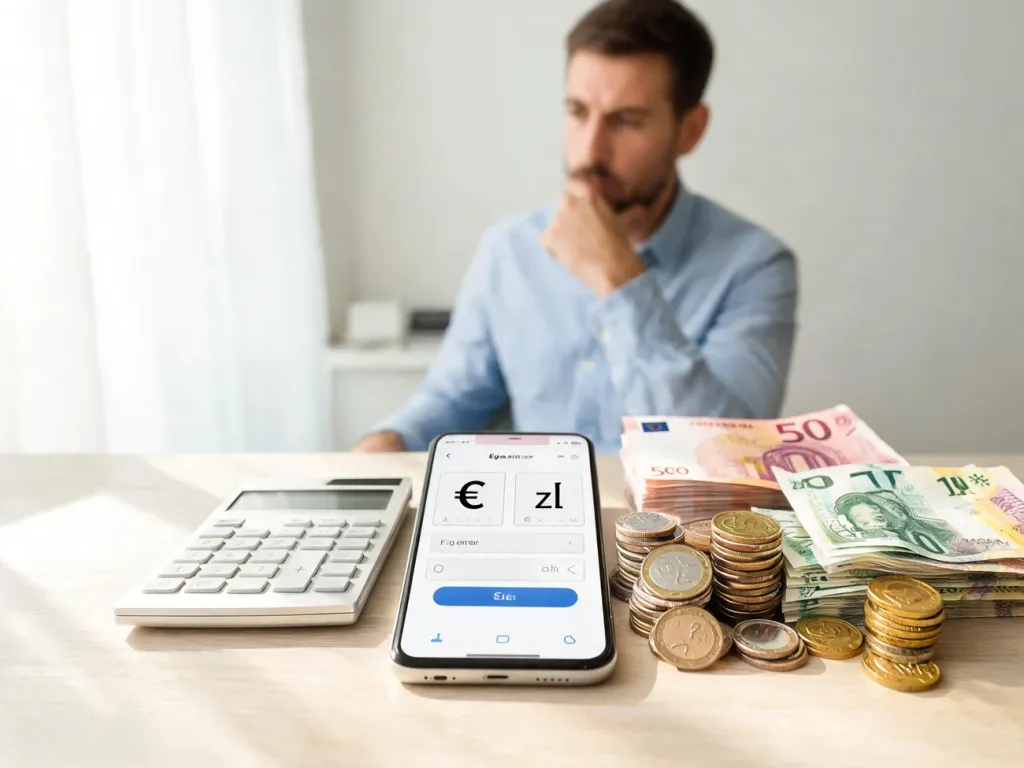 Mężczyzna przy biurku sprawdza kurs euro do złotego na smartfonie, obok leżą monety i banknoty obu walut