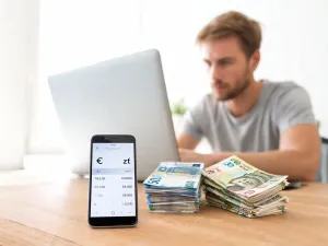 Biurko z kalkulatorem, telefonem z przelicznikiem walut oraz banknotami dolarów i złotówek, symbol szybkiego przeliczania 50 USD.