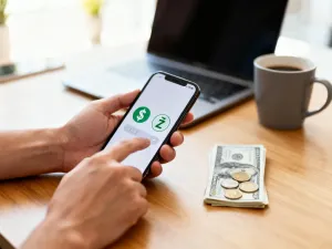 Smartfon z kalkulatorem walut między dolarem a złotym obok banknotów USD i monet PLN na jasnym biurku w domowym biurze