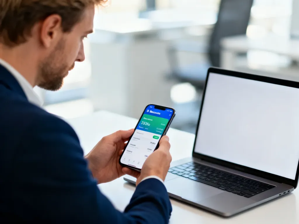 Mężczyzna korzystający z aplikacji bankowej na smartfonie przy biurku w nowoczesnym biurze.