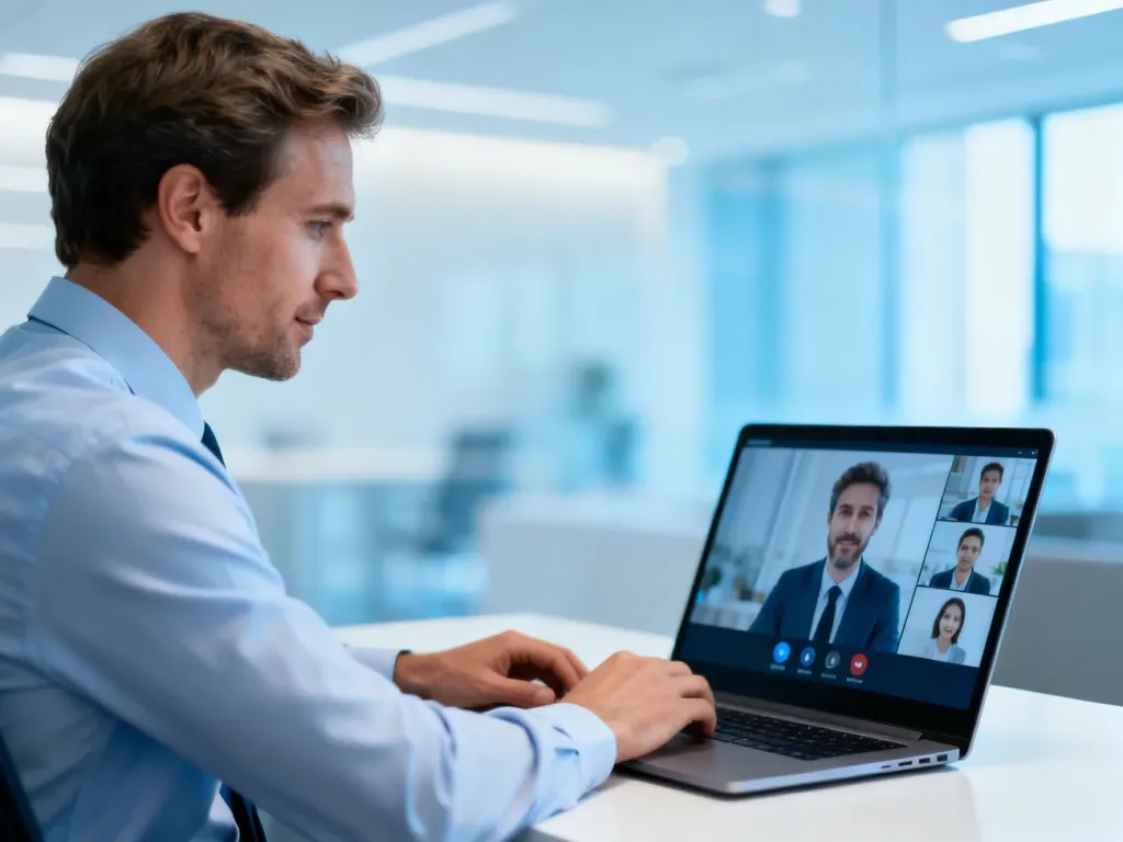 Mężczyzna pracujący przy laptopie z włączoną wideokonferencją w nowoczesnym biurze.