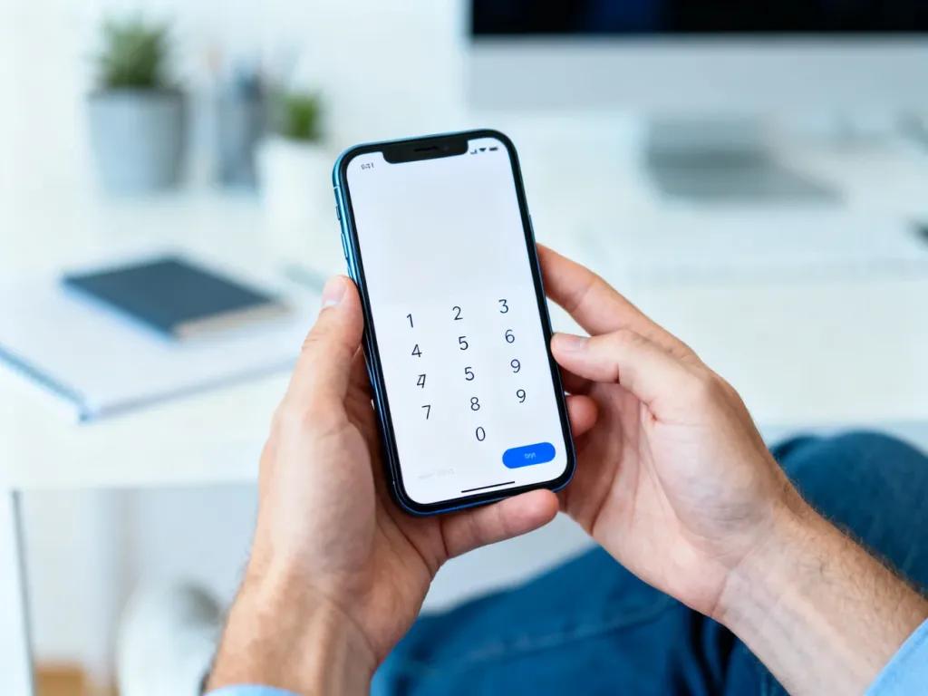 Osoba trzymająca smartfon z widocznym interfejsem bankowości mobilnej w domowym biurze.