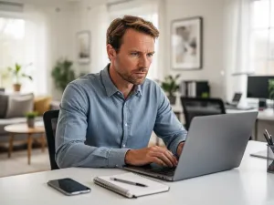 Kobieta pracująca przy laptopie w nowoczesnym biurze, symbolizująca wygodne korzystanie z panelu klienta inFakt.