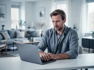 Kobieta skupiona na pracy przy laptopie w nowoczesnym biurze, symbolizująca łatwy dostęp do systemu Benefit.