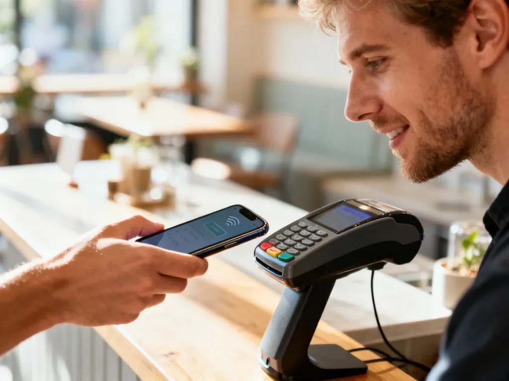 Mężczyzna płacący zbliżeniowo smartfonem przy terminalu w kawiarni, ilustrujący działanie usługi Apple Pay.