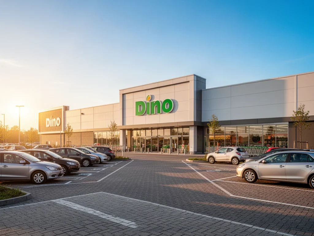 Nowoczesny budynek marketu Dino w świetle zachodzącego słońca z przylegającym parkingiem.