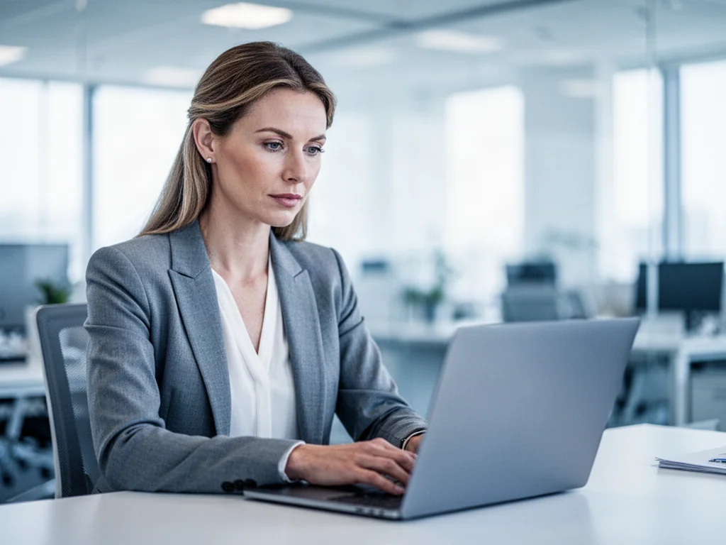 Kobieta skupiona na pracy przy laptopie w nowoczesnym biurze, symbolizująca łatwy dostęp do systemu Benefit.