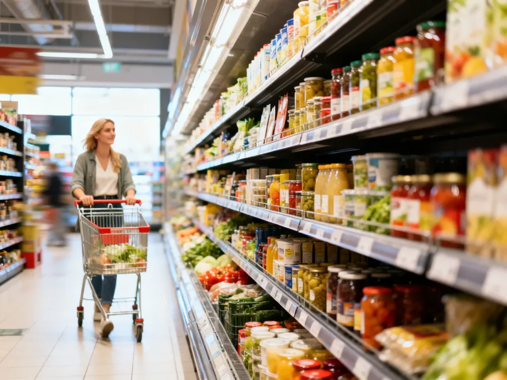 Wnętrze nowoczesnego sklepu z uporządkowanymi półkami z produktami spożywczymi i klientką robiącą zakupy.