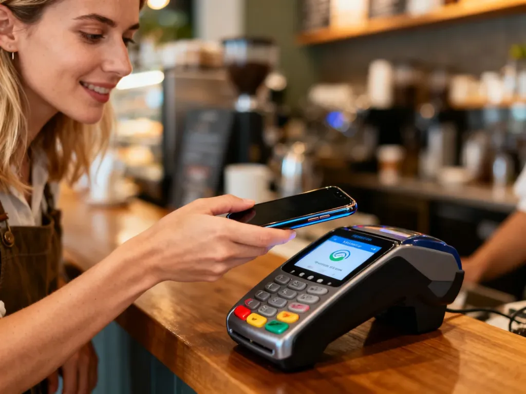 Kobieta płaci zbliżeniowo smartfonem z otwartą aplikacją Samsung Wallet w przytulnej kawiarni.