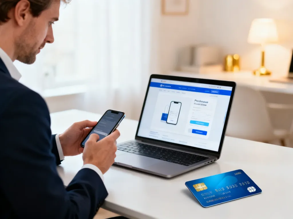 Mężczyzna dokonujący płatności online za pomocą smartfona i laptopa w nowoczesnym domowym biurze.