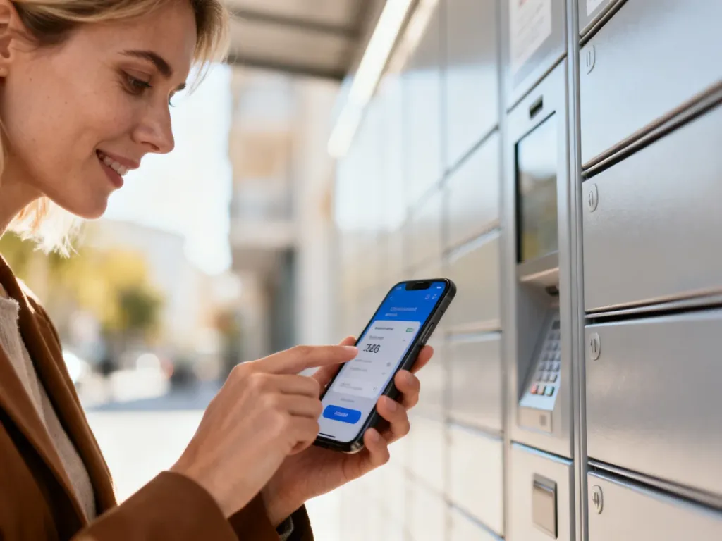 Kobieta korzystająca z aplikacji płatniczej na smartfonie na tle paczkomatu InPost.