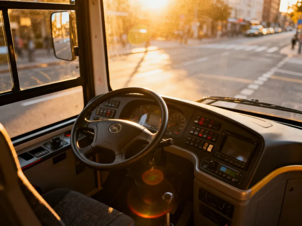 Widok z perspektywy kierowcy na nowoczesną deskę rozdzielczą autobusu podczas jazdy przez miasto w świetle zachodzącego słońca.