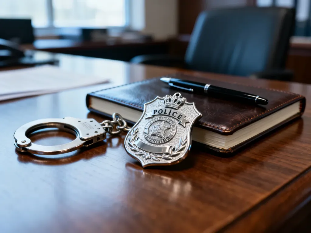 Odznaka policyjna, kajdanki i notatnik na biurku, symbolizujące codzienną pracę funkcjonariusza policji.