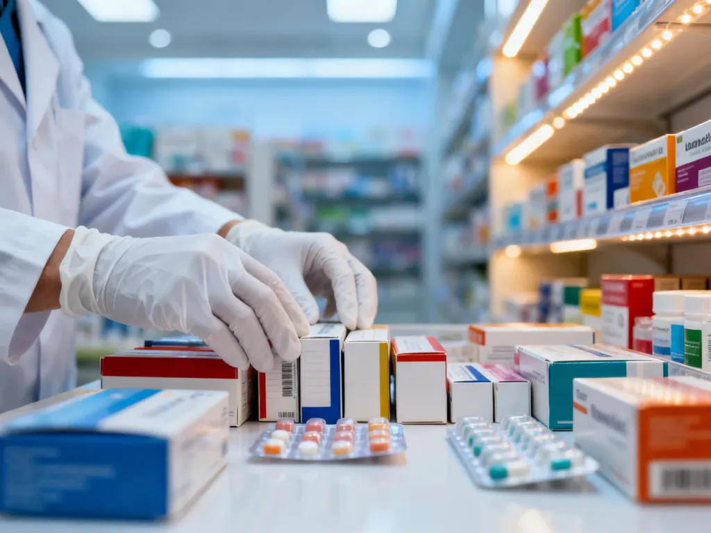 Farmaceuta układający leki na profesjonalnym stanowisku w nowoczesnej aptece.