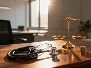 Przytulne i nowoczesne wnętrze domu pomocy społecznej ze stetoskopem oraz dokumentacją medyczną na stole.