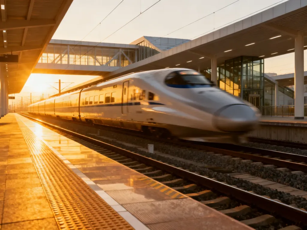 Nowoczesny peron kolejowy o wschodzie słońca z przejeżdżającym pociągiem, symbolizujący dynamiczny rozwój PKP Intercity.