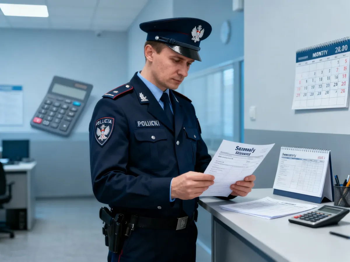 Policjant w mundurze przy biurku w komisariacie