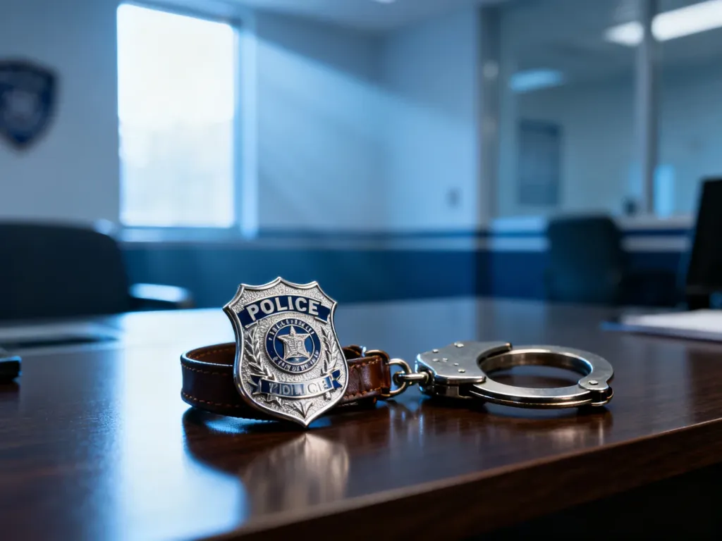 Odznaka policyjna i kajdanki na drewnianym biurku, symbolizujące pracę w policji i proces rekrutacji.