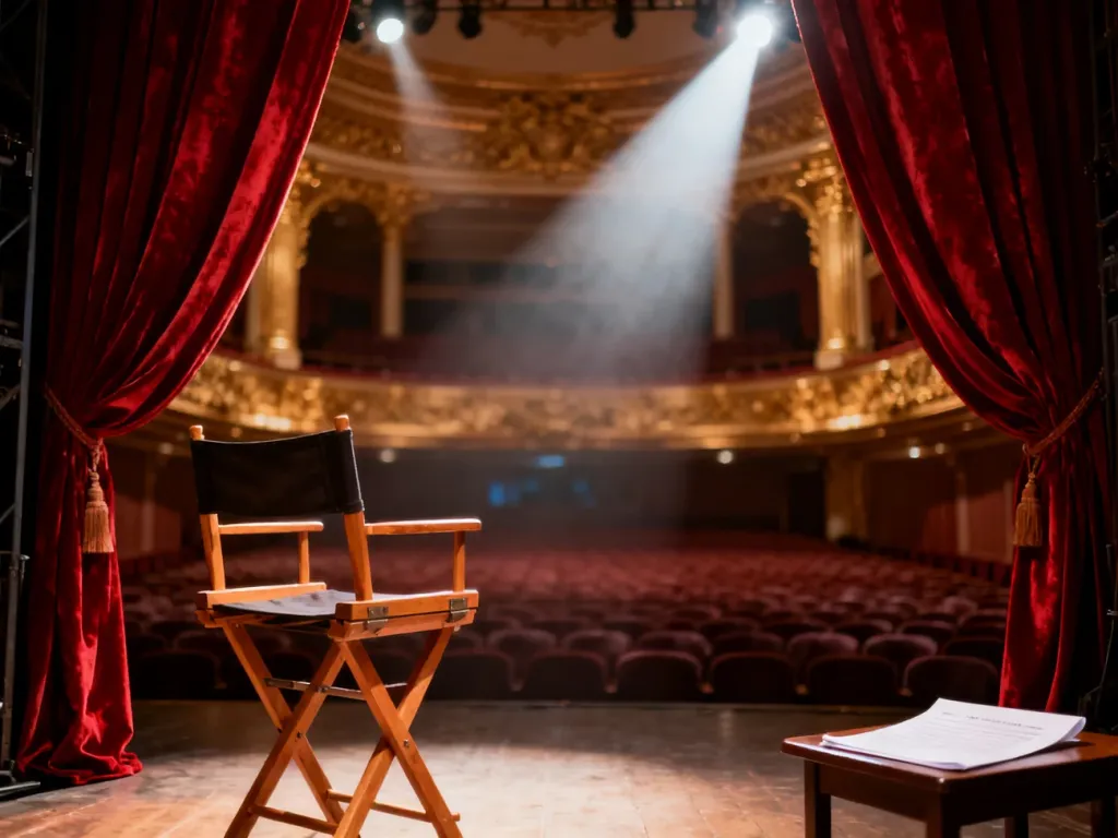 Widok na profesjonalną scenę teatralną zza kulis, z czerwonymi kurtynami, reflektorami oraz krzesłem reżyserskim.
