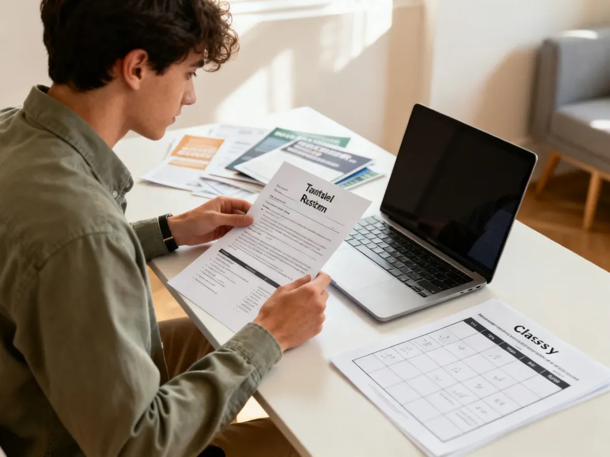 Student przygotowujący CV i plan pracy obok laptopa