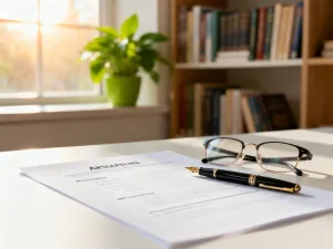 Profesjonalne stanowisko pracy z laptopem i dokumentami w nowoczesnym biurze typu open space.