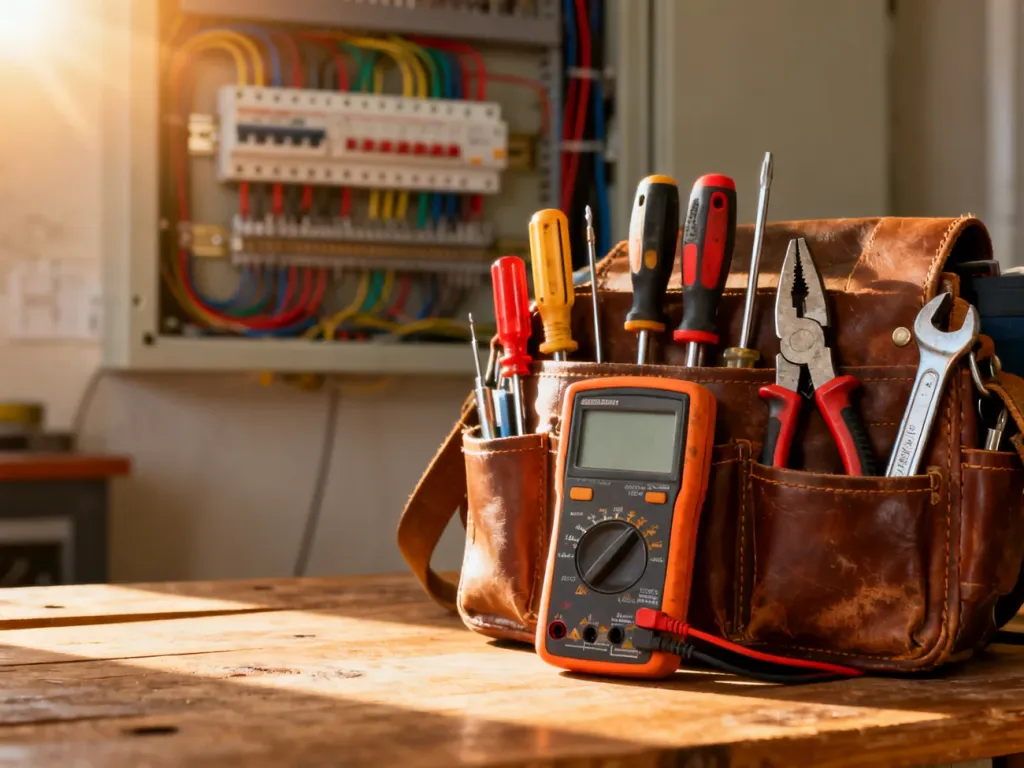 Skórzany pas z profesjonalnymi narzędziami elektryka i multimetrem na tle rozdzielnicy, podkreślający fachową wiedzę.