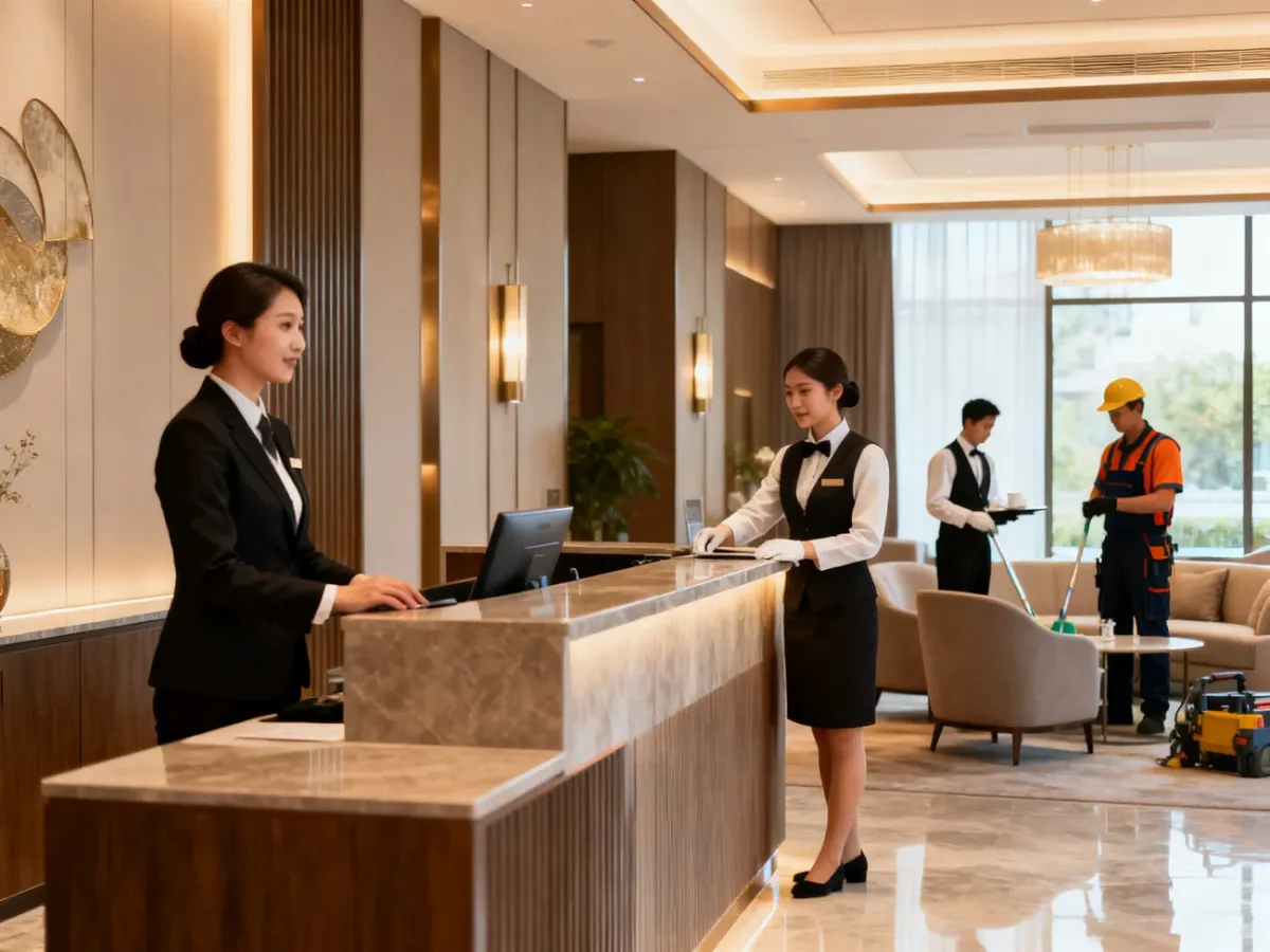 Zespół pracowników hotelu reprezentujący różne działy w eleganckim lobby