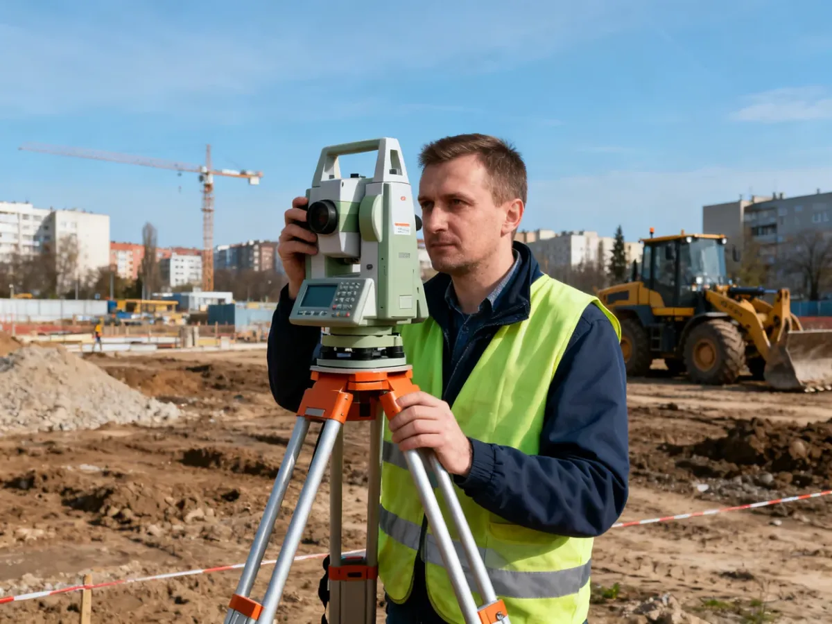 Geodeta wykonujący pomiary przy użyciu tachimetru na placu budowy