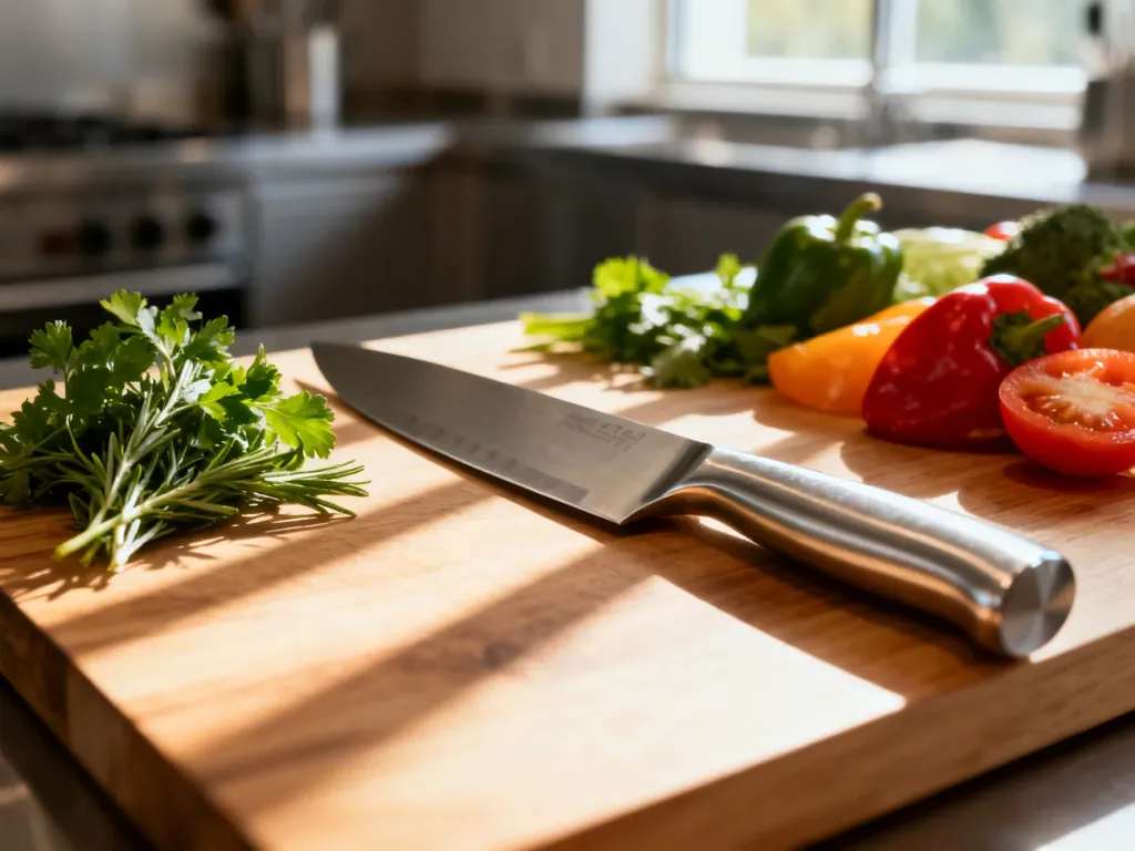 Profesjonalny nóż szefa kuchni na desce do krojenia w otoczeniu świeżych warzyw i ziół w nowoczesnej kuchni restauracyjnej.