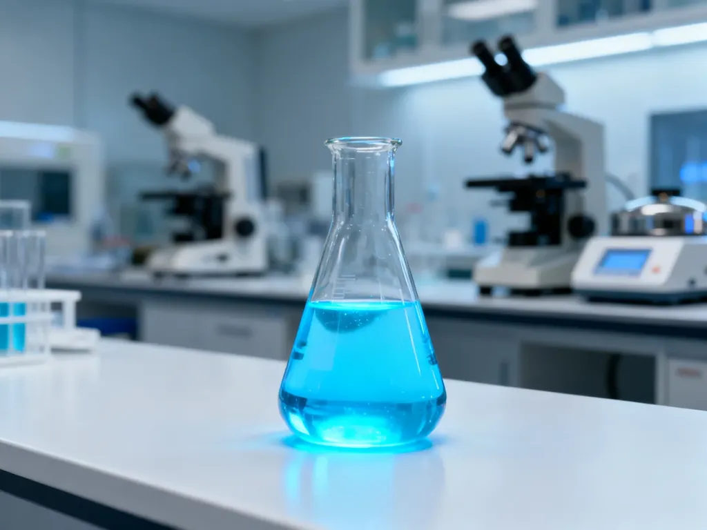 Szklana zlewka z błękitną substancją chemiczną na sterylnym stole laboratoryjnym w nowoczesnym laboratorium.