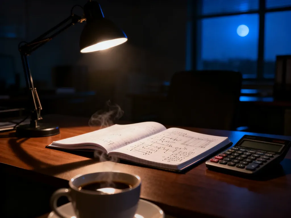 Biurko z kalkulatorem i notatkami w nocnym oświetleniu, symbolizujące pracę w godzinach nocnych.