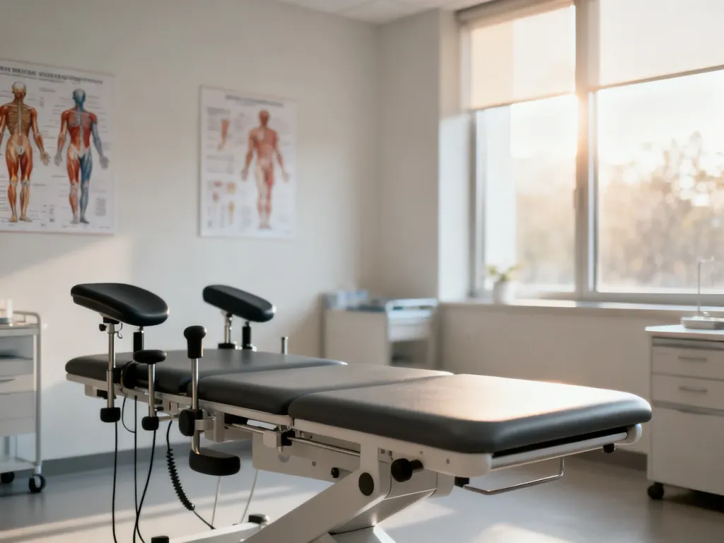 Nowoczesny gabinet fizjoterapii ze stołem rehabilitacyjnym i planszami anatomicznymi, przygotowany do pracy z pacjentem.
