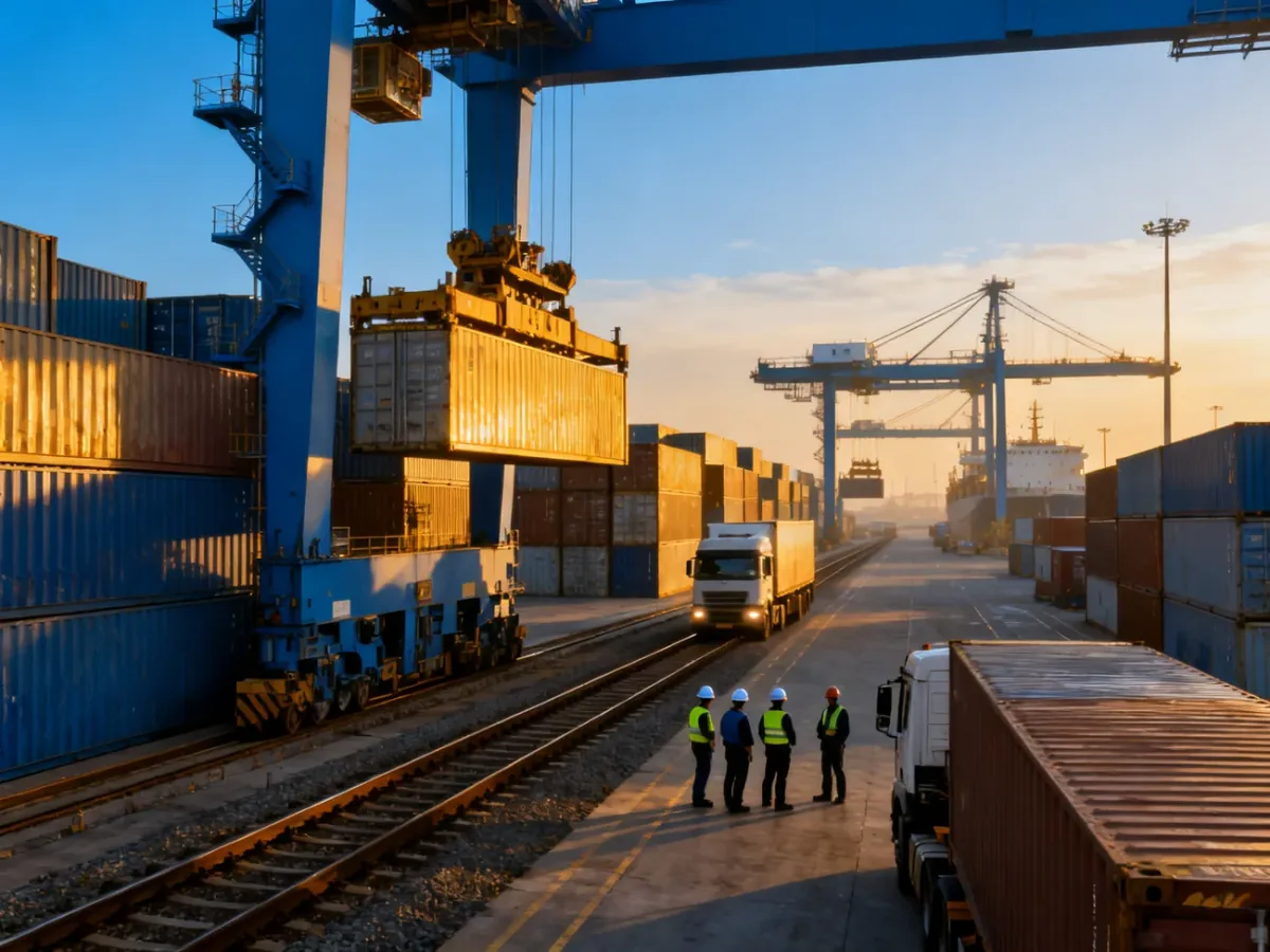 Nowoczesny port z suwnicami, kontenerami i pracownikami obsługującymi logistykę