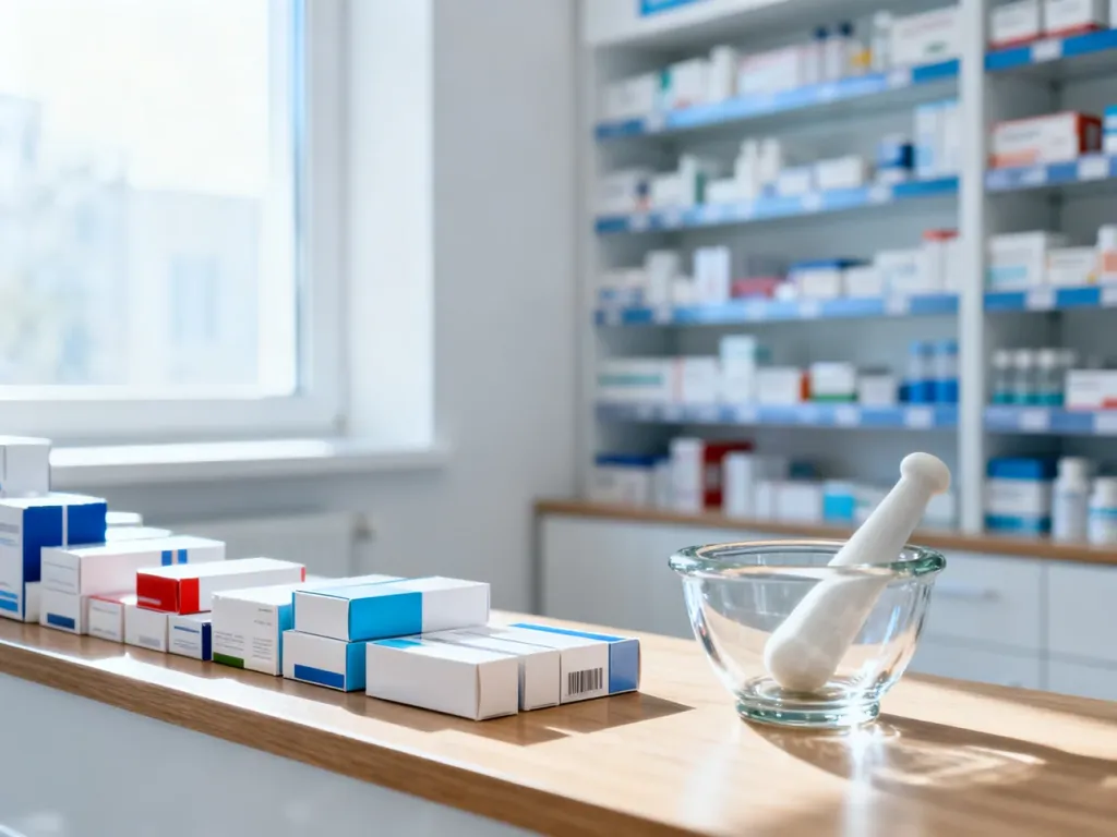 Nowoczesne wnętrze apteki z ladą, lekami i moździerzem, podkreślające profesjonalny charakter miejsca pracy farmaceuty.
