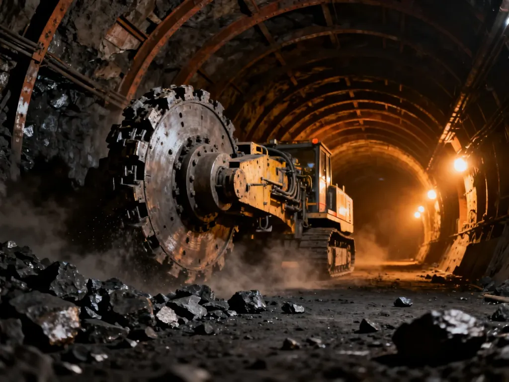 Podziemny tunel kopalni węgla z maszyną górniczą i wzmocnieniami konstrukcyjnymi w oświetleniu roboczym.