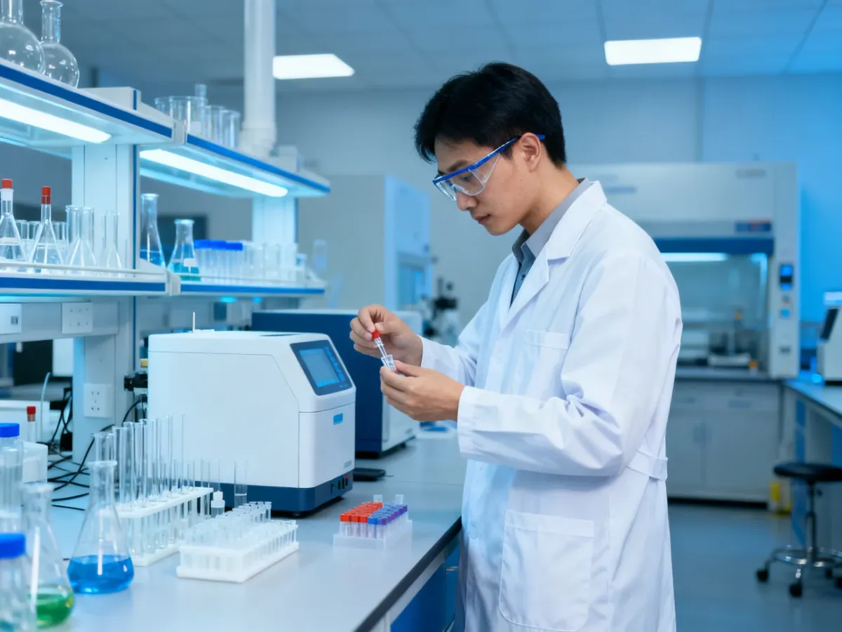 Technik laboratoryjny analizujący próbki przy aparaturze laboratoryjnej