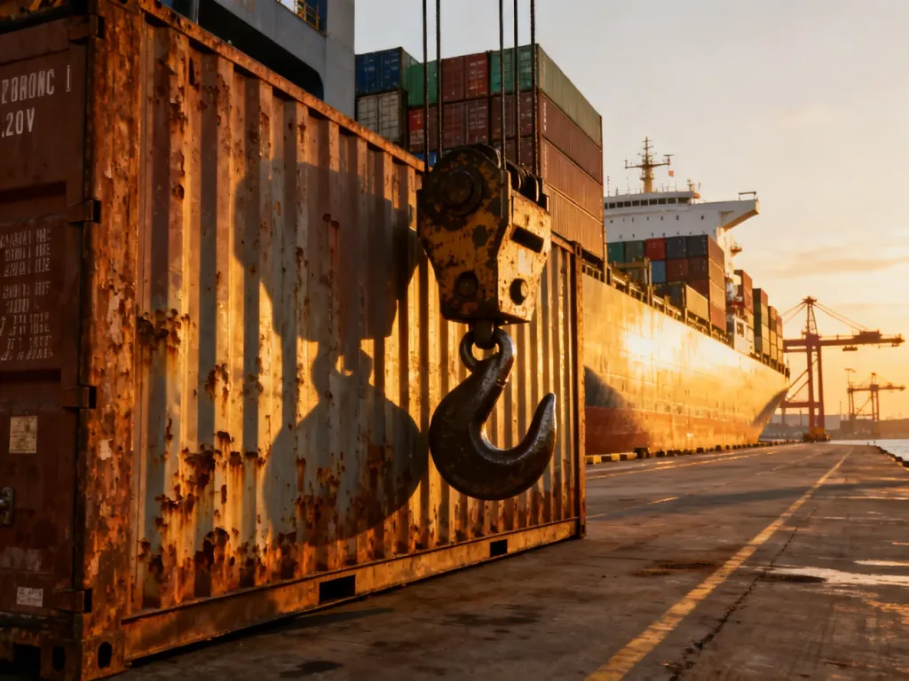 Nowoczesny port przeładunkowy o zachodzie słońca z widocznym hakiem dźwigu i kontenerami, symbolizujący pracę w logistyce.